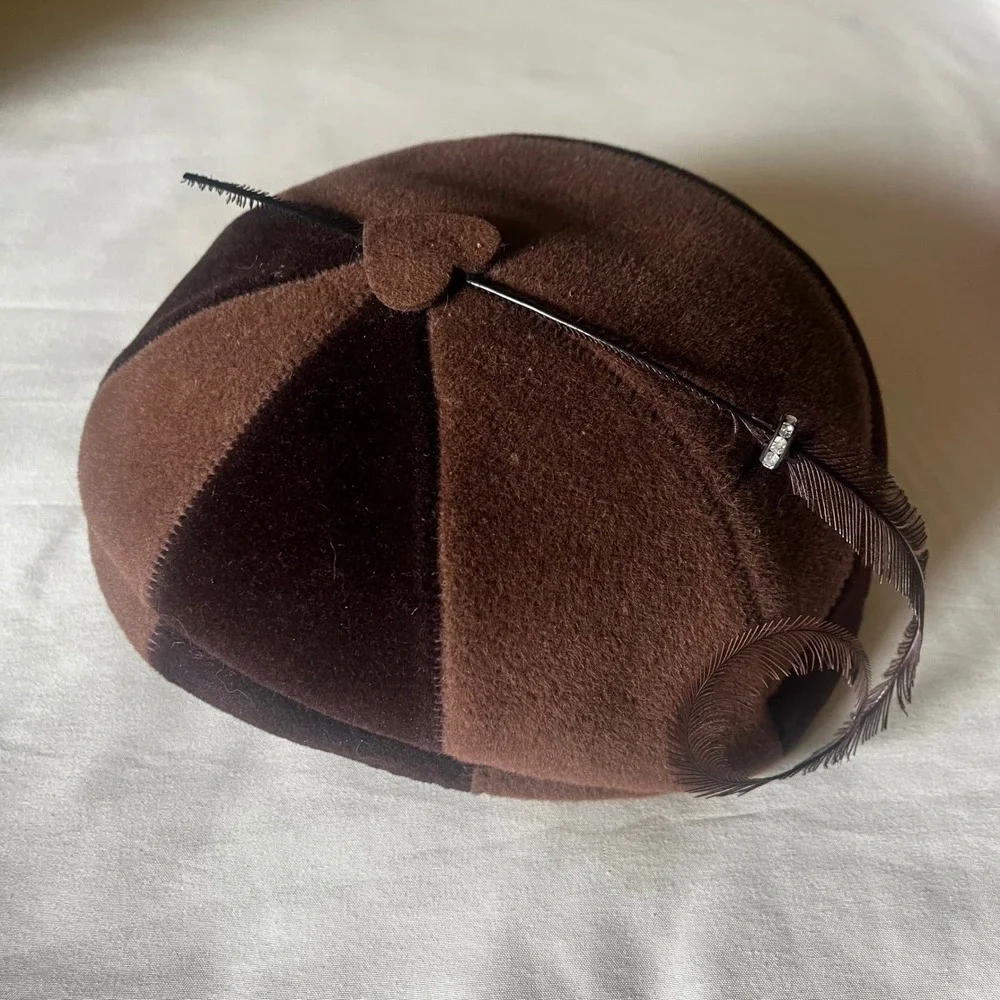 Vintage 1950s Brown Velour Cocktail Hat Feather Fascinator Small